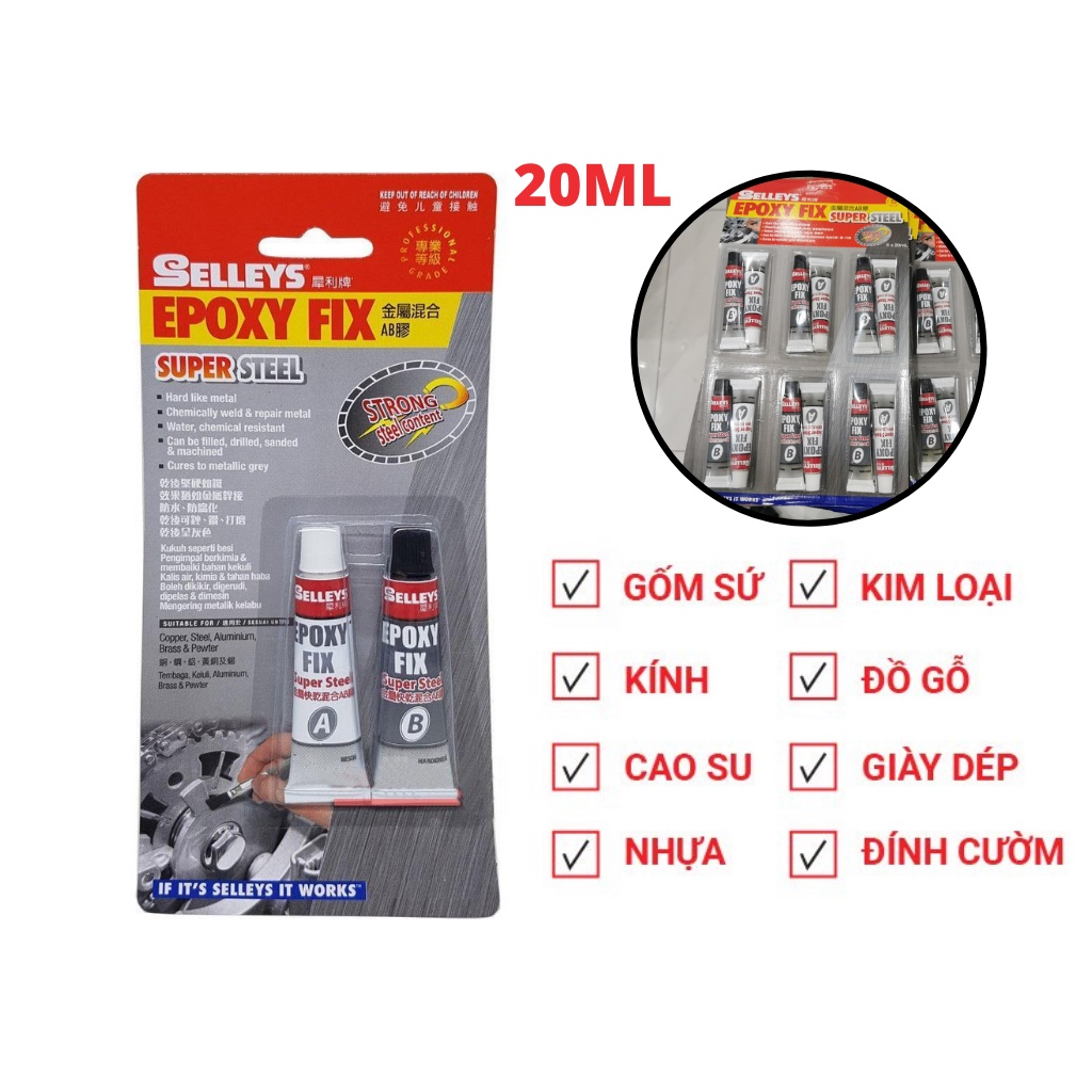 Keo Siêu Dính Đa Năng AB Epoxy Fix SELLEYS Chịu Nhiệt, Chịu Lực, Chống Thấm, Chống Nước 20ml