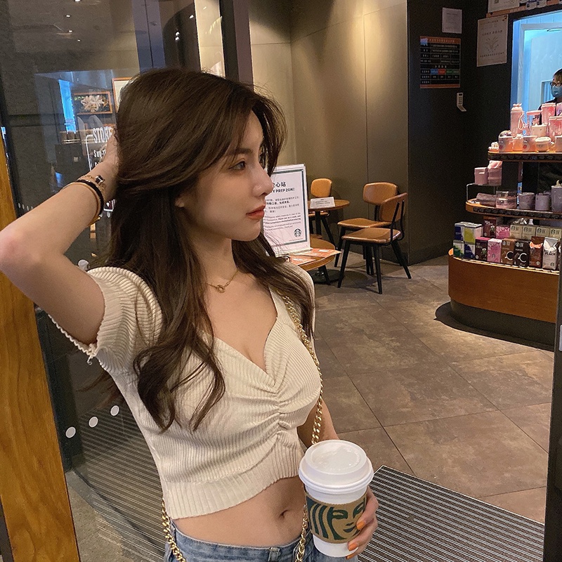 Porozi  Áo croptop  dệt kim tay phồng cổ chữ V thời trang Hàn Quốc dành cho nữ
