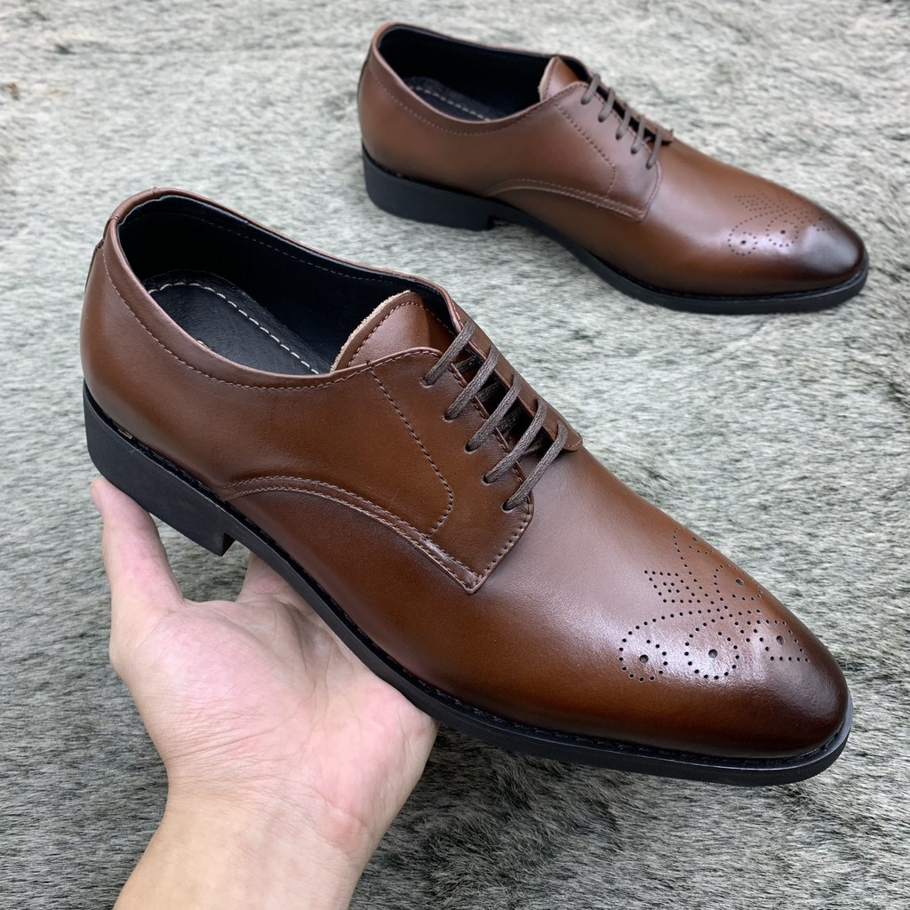 Giầy oxford da bò đục lỗ hoa văn trang trí, giầy công sở buộc dây