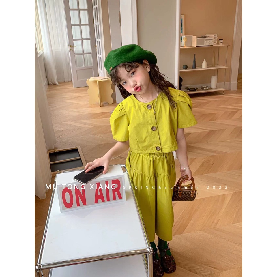 Set áo tay bồng quần ông sớ rộng xanh cốm và vàng XHN900