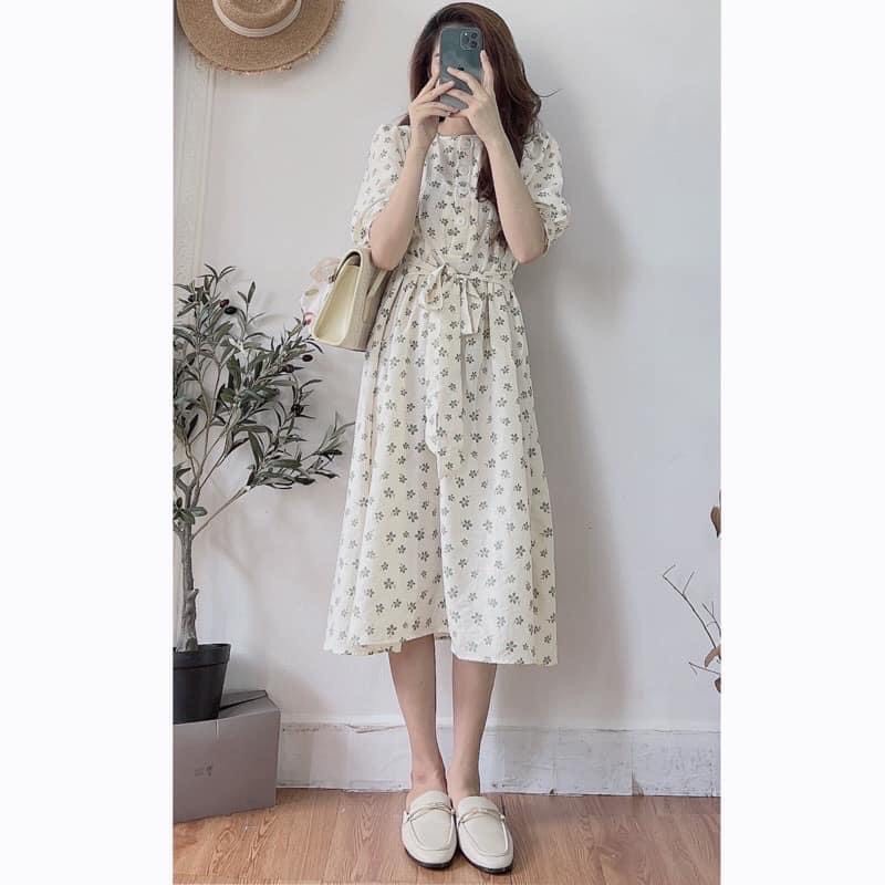 [Ảnh thật] Đầm - Váy hoa nhí cỏ 4 lá cổ tròn tay bồng thắt nơ tiểu thư