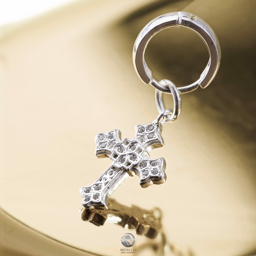 Khuyên tai bạc nam, nữ HeliSilver Fancy Cross S925 KTB272