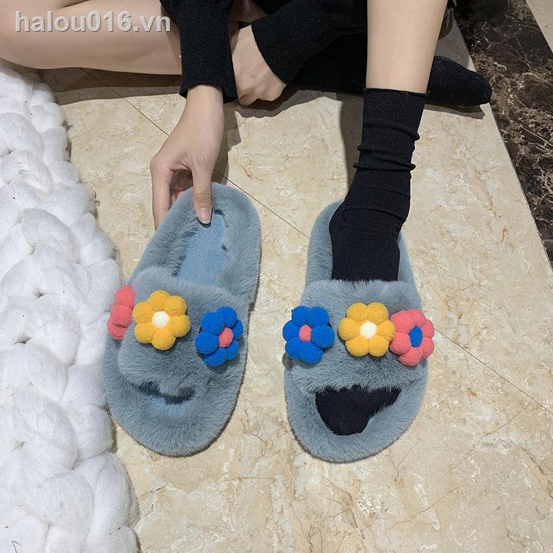Đôi dép bông đi trong nhà đế bằng đính hoa thời trang mùa đông 2020 cho nữ