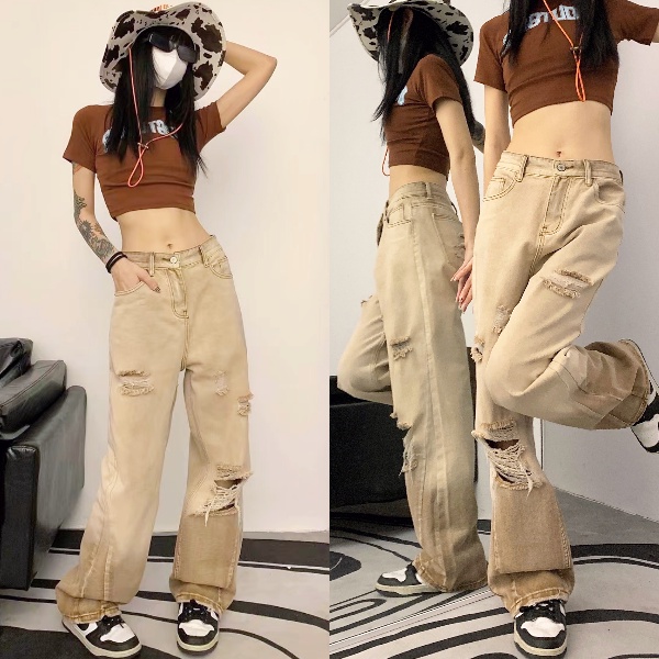 Quần jean nam hiphop thoi trang quần jean rách gối unisex quần jean ống rộng nữ simple nam quần phong cách Hàn Quốc quân jean nữ ống rộng retro quần bò ống rộng
