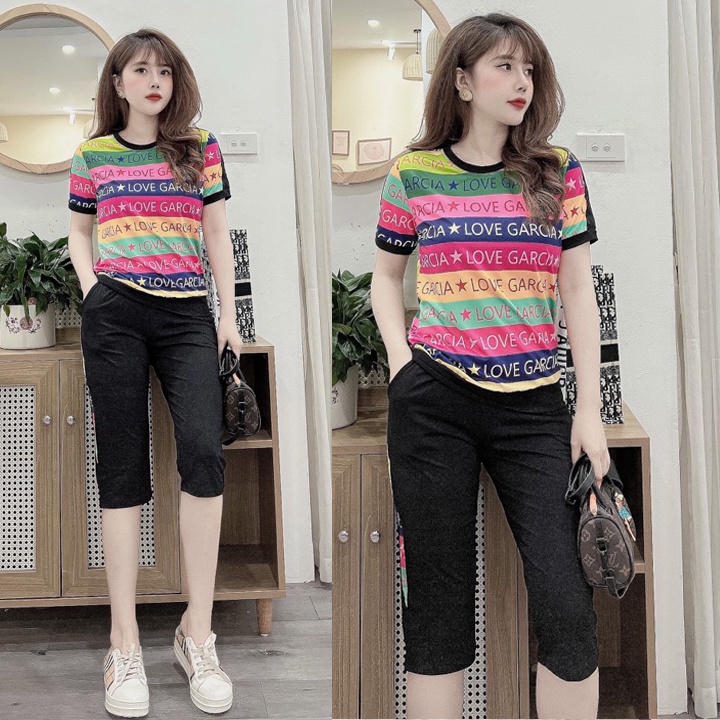 Đồ bộ nữ đẹp quần lửng thun cotton VAYO Set bộ ngố mặc nhà đi chơi co giãn họa tiết kẻ sọc dễ thương V14