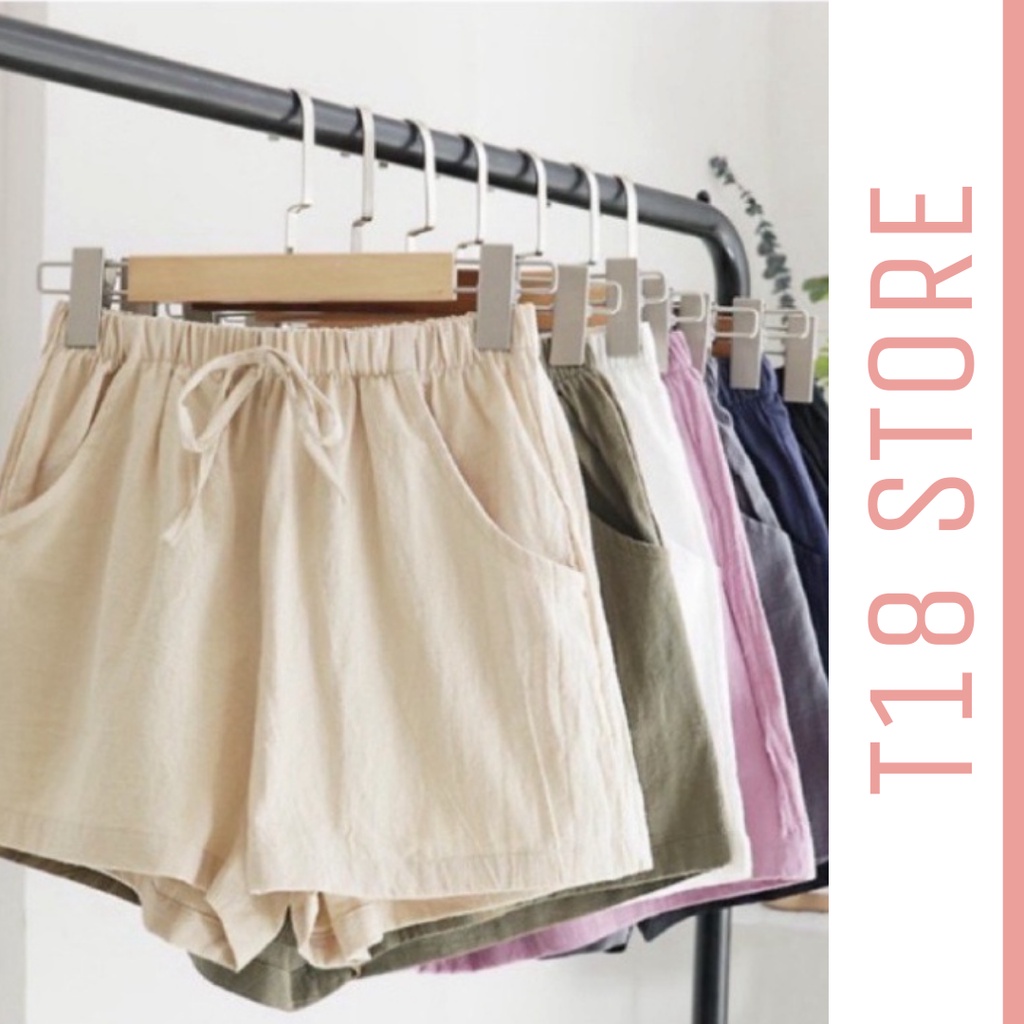 Quần short đũi ngắn thắt nơ, quần sooc đùi nữ có túi ống rộng cạp chun mềm mịn thoải mái T18 STORE QD07