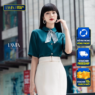 Áo sơ mi nữ hè Lamia Design SM364 màu xanh ngọc lam thắt nơ