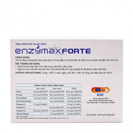 Hỗ trợ tăng cường tiêu hóa, giúp giảm chứng đầy bụng khó tiêu do thiếu hụt enzyme chuyển hóa thức ăn Enzymax Forte
