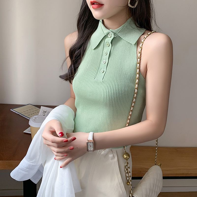 CCVN Áo Dệt Kim Cổ polo Dáng Ôm Gợi Cảm Dễ Phối Đồ Thời Trang Cho Nữ 0304