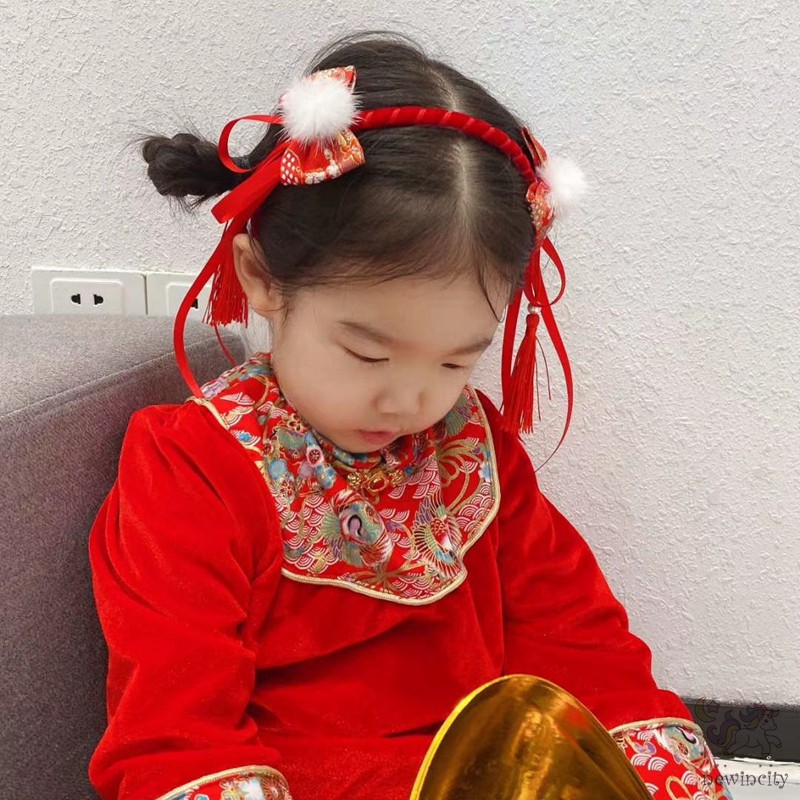 Băng đô cài tóc đính quả bóng lông phong cách retro xinh xắn cho bé gái