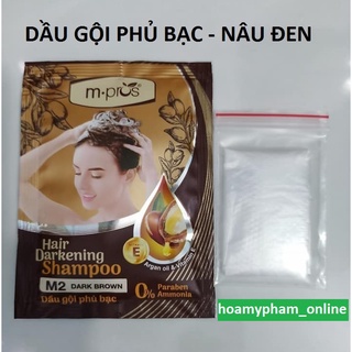 Dầu gội nhuộm tóc phủ bạc thảo dược m.pros 25ml - tặng kèm bao tay nylon - đen/ nâu