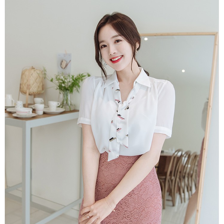Aó sơ mi nũ cộc tay Hàn quốc Korea white Blouse