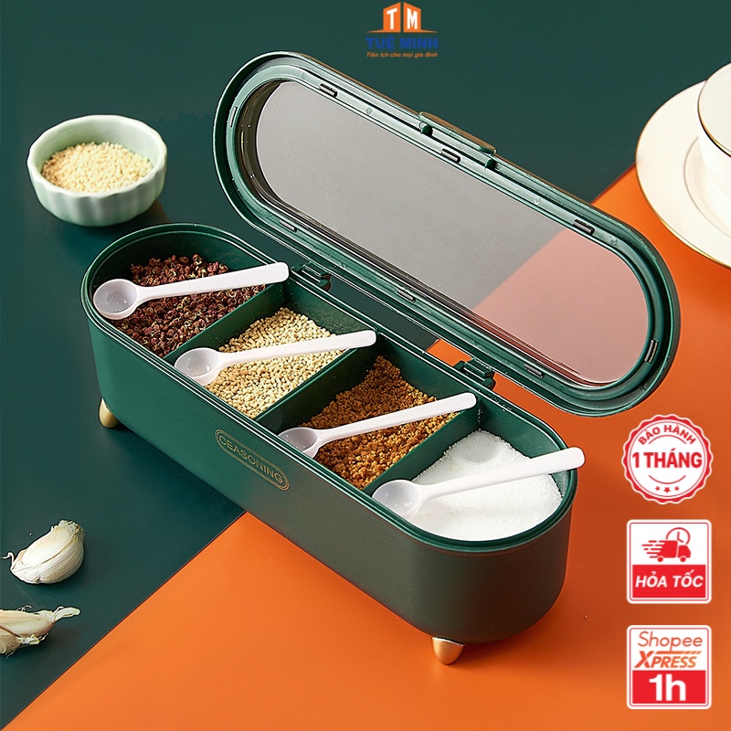 Hộp gia vị đa năng 4 ngăn kèm muỗng cách biệt đựng nhiều gia vị trong hộp thay thế gia vị dễ dàng