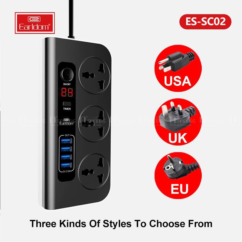 Ổ Cắm Nhiều Cổng Earldom ES - SC02, Chính hãng BH 12 Tháng ( 4 Cổng USB 3.5A, 3 phích chuẩn USA/AUS, UK và EU)
