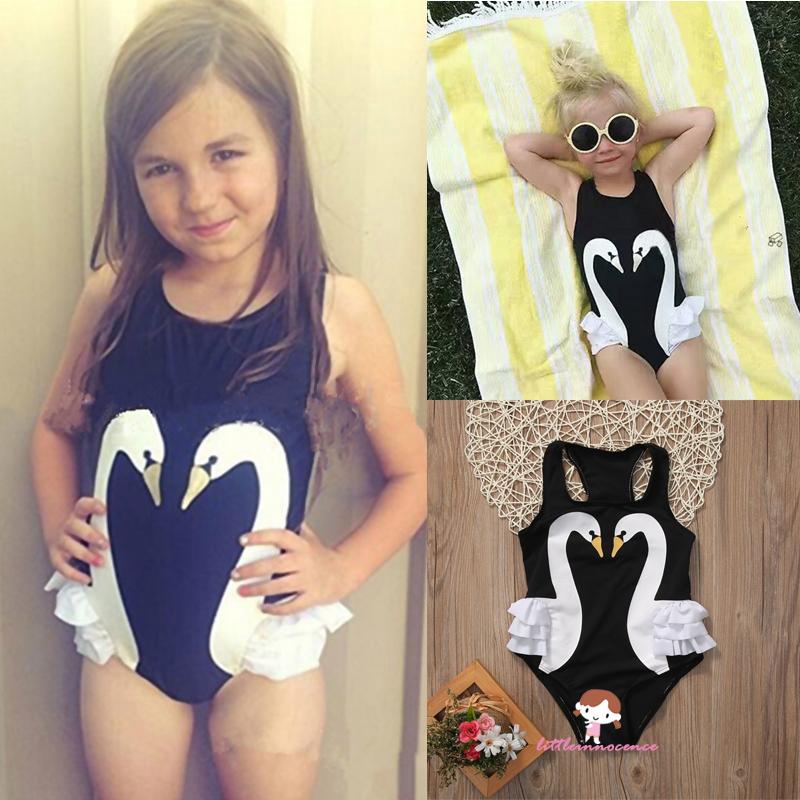❤XZQ-Kids baby girl tutu swimsuit swan swimsuit one-piece ruffle