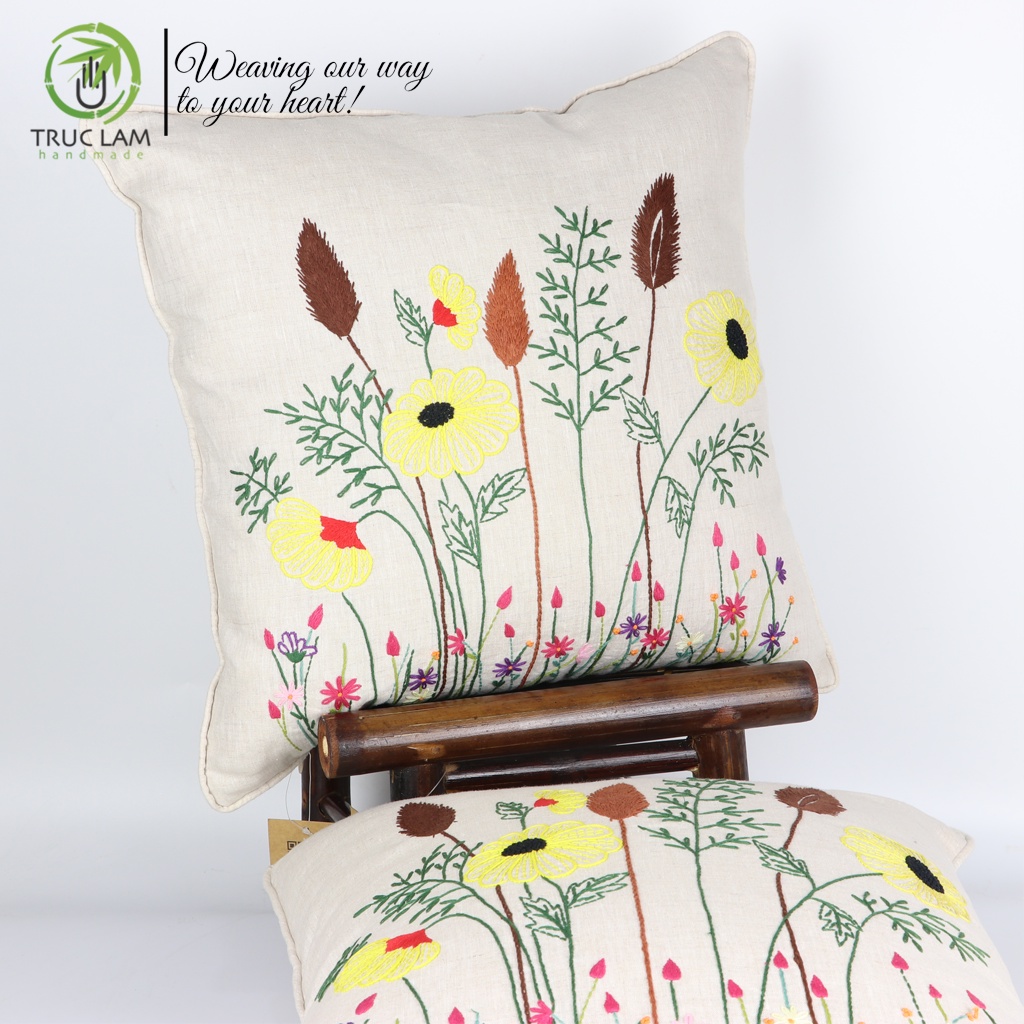 Gối/Vỏ Gối Vuông Tựa Lưng Sofa (45x45) Trang Trí Phòng Vải Linen Thêu Thủ Công Cánh Đồng Hoa Vàng – Trúc Lâm Handmade