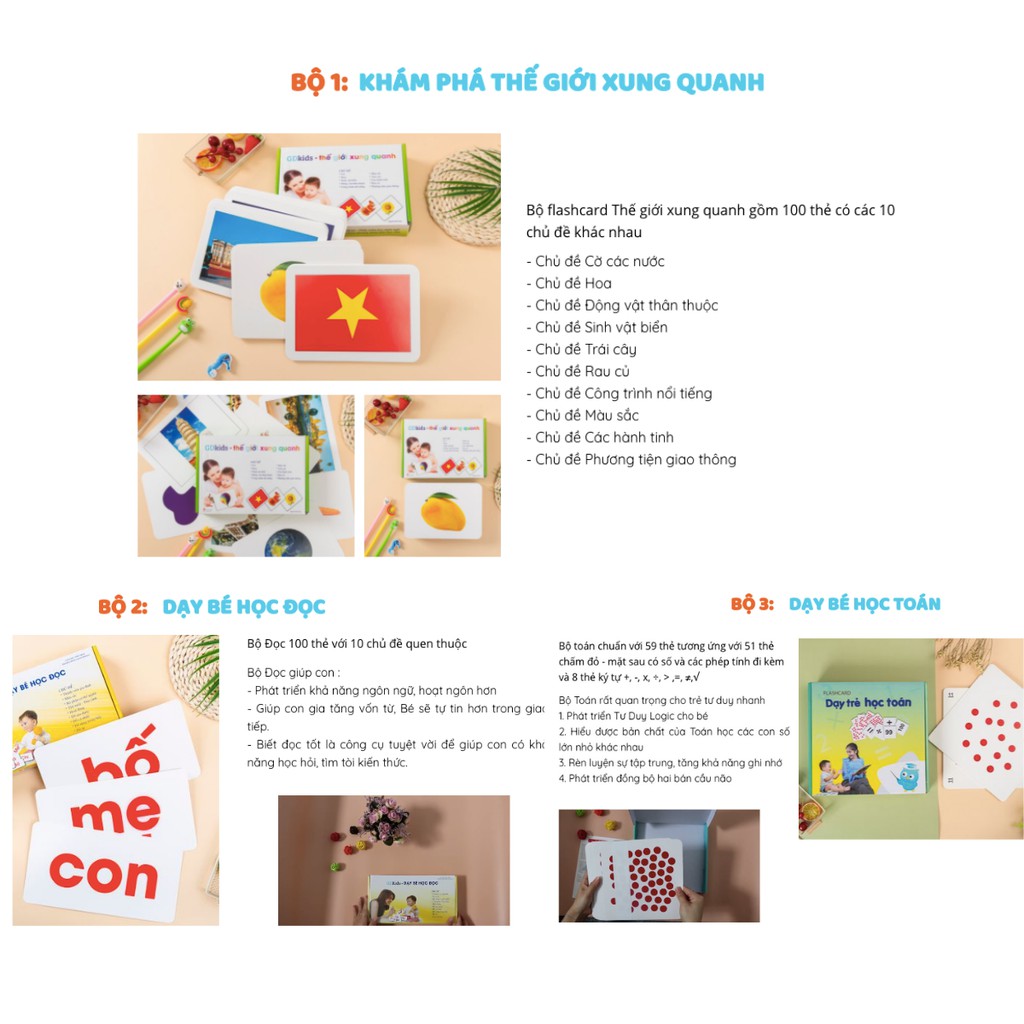 Combo 3 bộ thẻ học thông minh flashcard cho bé Glenn Doman GDKids cơ bản thẻ đọc, thẻ toán, thẻ thế giới xung quanh