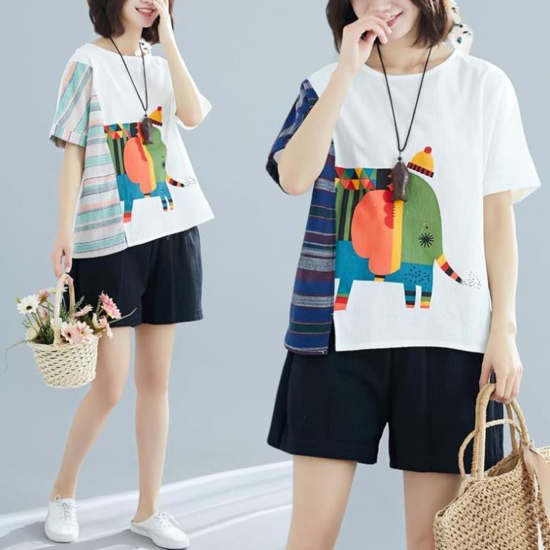 (A011) Áo tshirt nữ bigsize vải thô mát phối thổ cẩm cá tính (fit 90kg) ་ ་