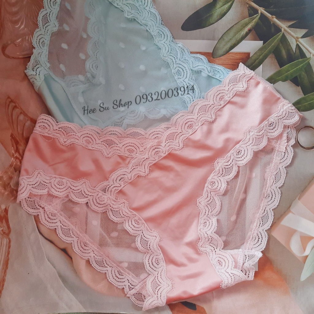 Quần lót satin lụa bóng phối lưới chấm bi siêu mỏng thiết kế lưng chéo cao cấp mã Q8019
