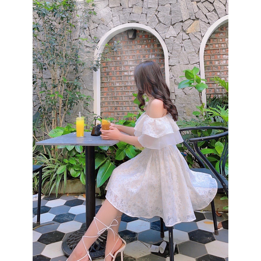 Đầm váy trắng tiểu thư trễ vai dáng xòe bánh bèo cho nữ - V528
