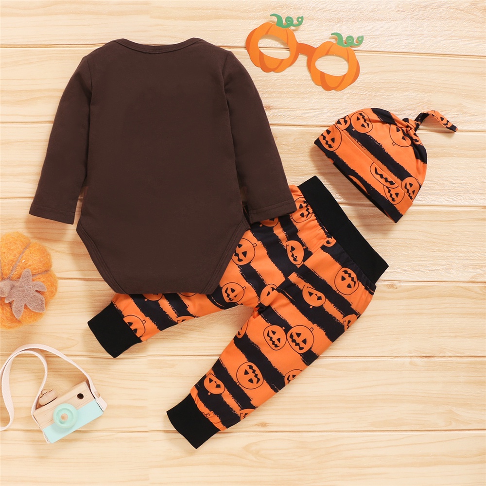 Trang phục Mikrdoo gồm áo liền quần tay dài với quần dài và mũ in họa tiết Halloween kiểu mùa thu cho em bé
