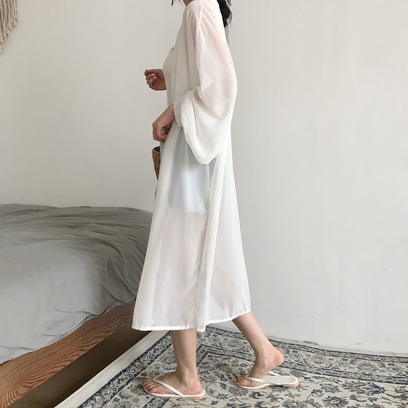 Áo sơ mi chiffon RENJIANVSHENG 153417 mỏng dáng rộng màu trắng dài tay thời trang sành điệu