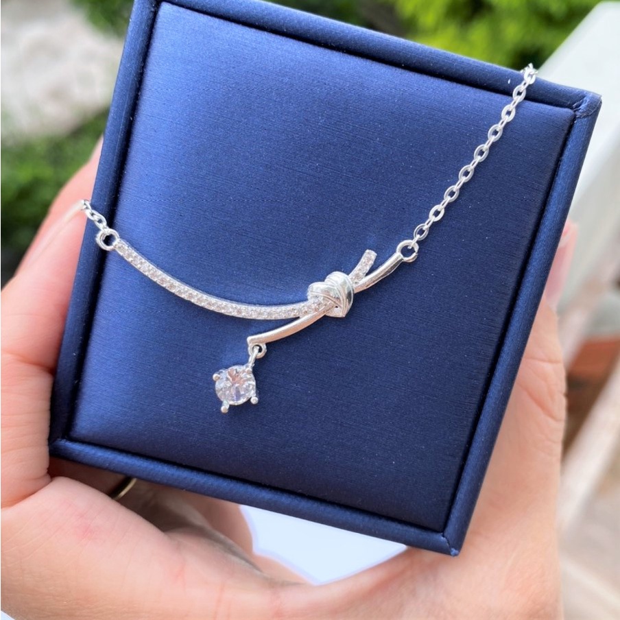 Dây chuyền bạc nữ mặt 2 thanh chéo găn đá thời trang, vòng cổ chất liệu chuẩn bạc ta nữ tính