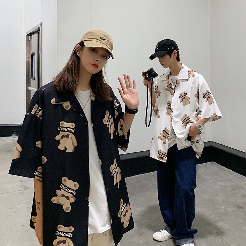 Áo Sơ Mi Tay Ngắn Vải Lụa Lạnh In Hình Gấu Toàn Diện Kiểu Hàn Quốc Cá Tính Cho Cặp Đôi