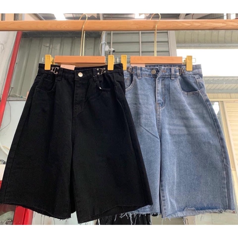 Quần Short Jean Ngố Khoen Lửng Eo Ống Rộng