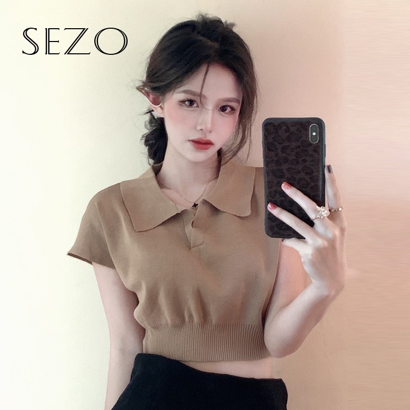 QKOOLE  Áo thun ôm cổ bẻ phong cách Hàn Quốc cho nữ