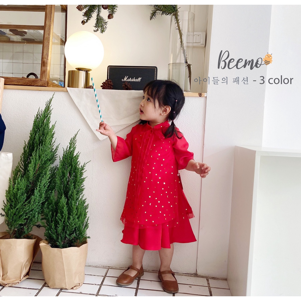 Áo dài ánh sao cho bé gái Beemo, Chất liệu lụa mềm kết hợp ren lưới, tay phối vải voan, 3 màu xinh xắn  B107