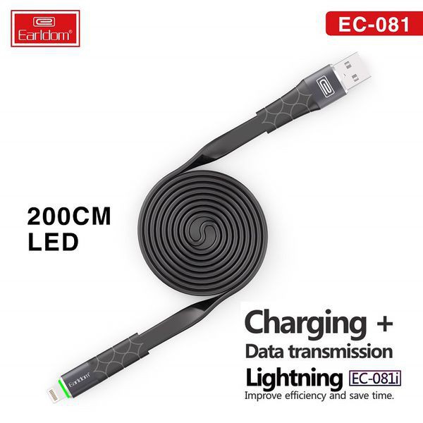 Dây cáp sạc nhanh 3A có đèn led báo Earldom EC 081 Iphone Samsung Oppo, dây dẹt truyền data nhanh, dài 1m, 2m