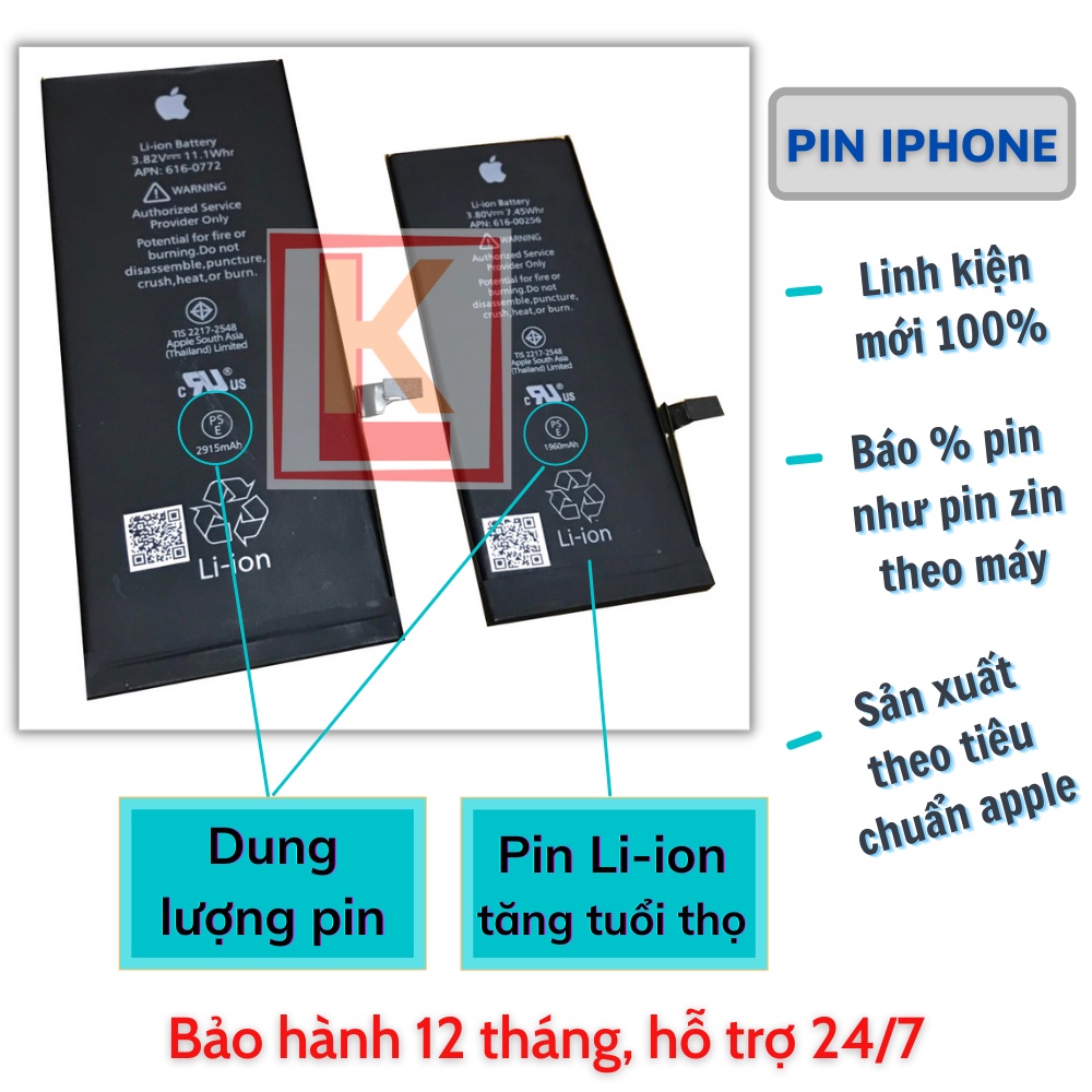 Pin iphone KBS chính hãng 5, 5s, 5se, 6, 6s, 6plus, 6splus, 7, 7plus, 8, 8plus, x, xs, xsmax chuẩn EU châu Âu- BH 1 năm