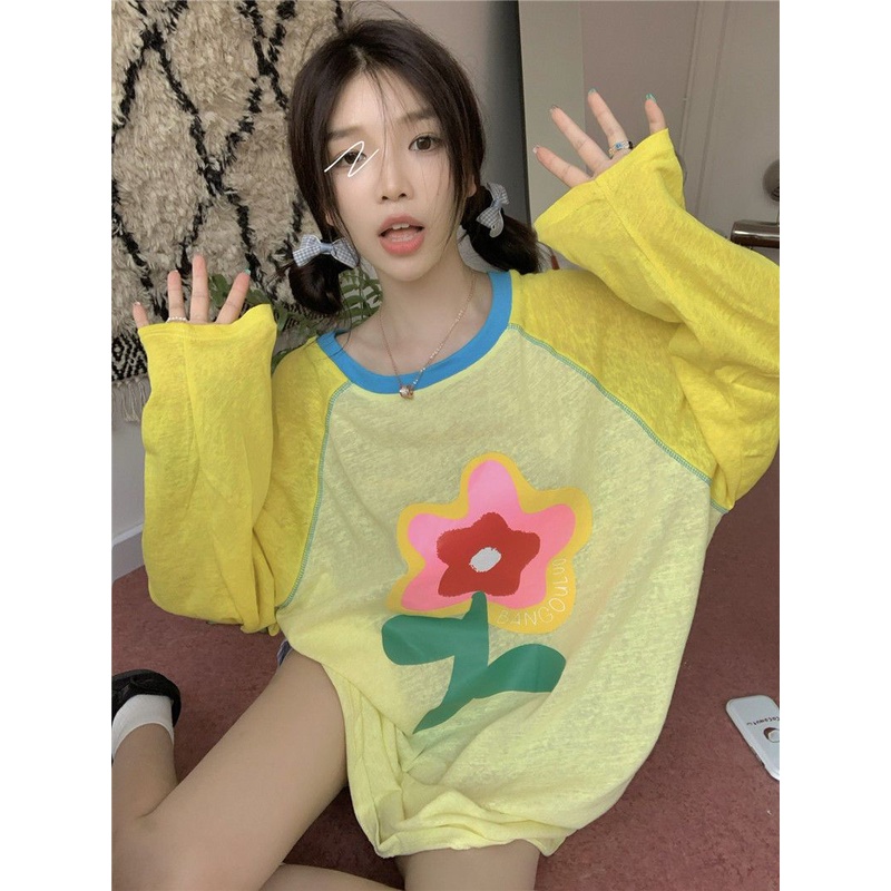 Jiashucheng Áo Thun Tay Dài Chống Nắng Dáng Rộng In Họa Tiết Màu Sắc Retro