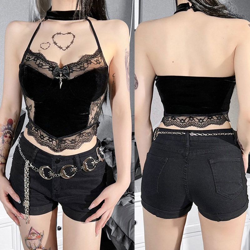 Áo Croptop Sát Nách Phối Ren Hoa Thiết Kế Hở Lưng Quyến Rũ