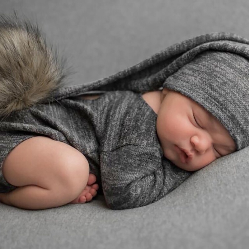 Bộ 2 Món Áo Liền Quần Tay Dài + Mũ Thắt Nút Màu Trơn Cho Bé Sơ Sinh