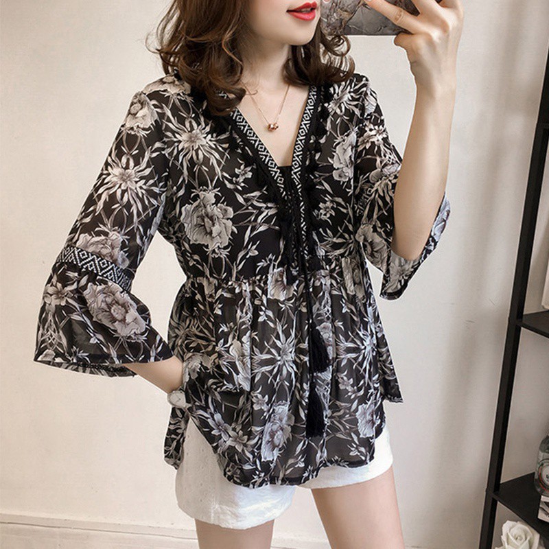 Women Fashion Long Sleeve Shirt V-Neck Loose Floral Chiffon Tops Dress