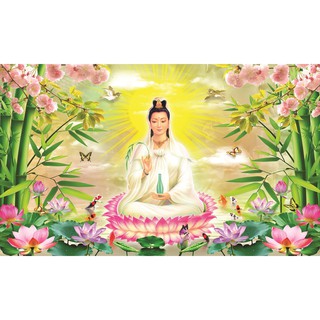 Tranh dán tường Quan Thế Âm Bồ Tát in chất liệu PP phủ kim sa cao cấp