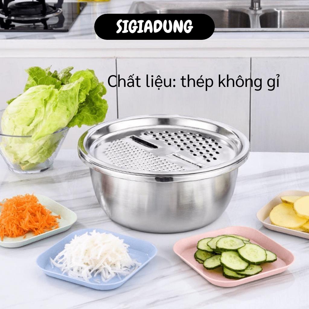 [SGD] Rổ Bào Rau Củ - Bộ 3 Món Bàn Nạo Hoa Quả Kiêm Rổ Và Chậu Inox Cao Cấp Không Gỉ 10034