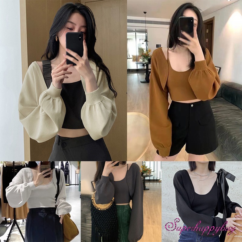 Áo Cardigan Dệt Kim Tay Dài Dáng Ngắn Thời Trang Cho Nữ