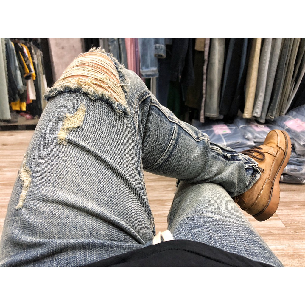 [Hình Chụp tại shop] Quần jean zipper rách gối Foxseventy màu wash bụi dáng ôm skinny | BigBuy360 - bigbuy360.vn