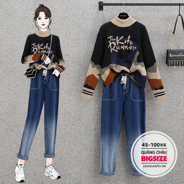 BIGSIZE(45-100KG)Set Bộ đồ nữ đi chơi - Áo sweater nữ len form rộng Cổ Tròn tay dài Kết Hợp quần jeans bò ống rộng cạp chun lưng thun mùa thu đông - Phong cách Hàn Quốc