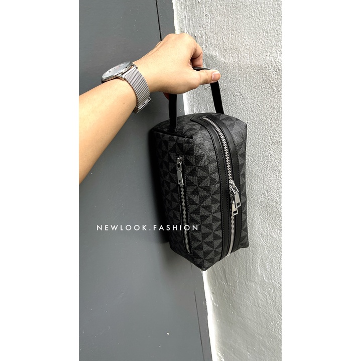 ★ TÚI DA CẦM TAY ( CLUTCH ) DẠNG HỘP KHOÁ KÉO CÓ QUAI CẦM DA PU HOẠ TIẾT TAM GIÁC THỜI TRANG ( 24 x 12 x 12cm )