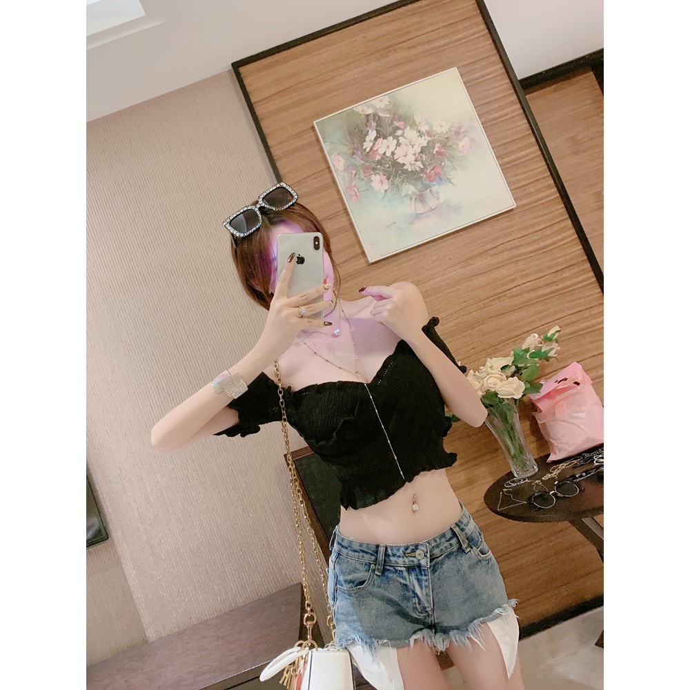 <Hàng Có Sẵn Đặc Biệt> Áo Dệt Kim Dáng Ôm Chéo Dây Ngực Ngắn Gợi Cảm Cẩn Thận Cẩn Thận Cho Nữ | BigBuy360 - bigbuy360.vn