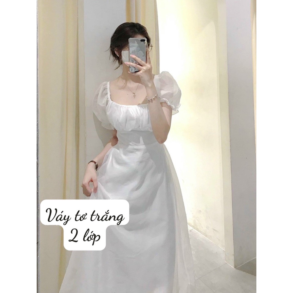 Đầm đi tiệc váy chụp ảnh tiểu thư hở lưng cổ vuông tay phồng shop Đậu Xinh - V509