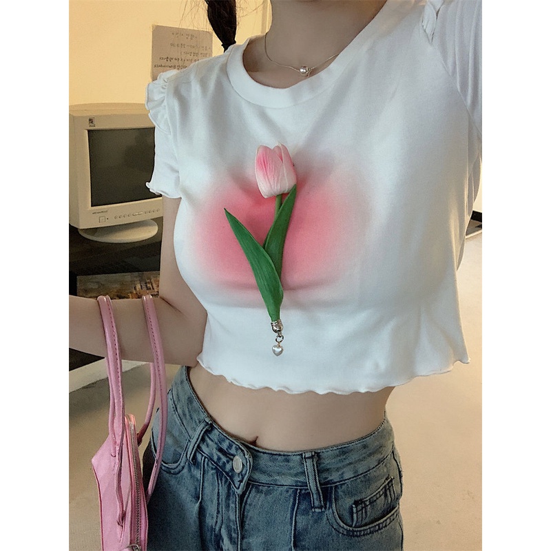 Áo thun IELGY tay ngắn dáng rộng in hình hoa tulip phong cách hàn quốc thời trang mùa hè cho nữ