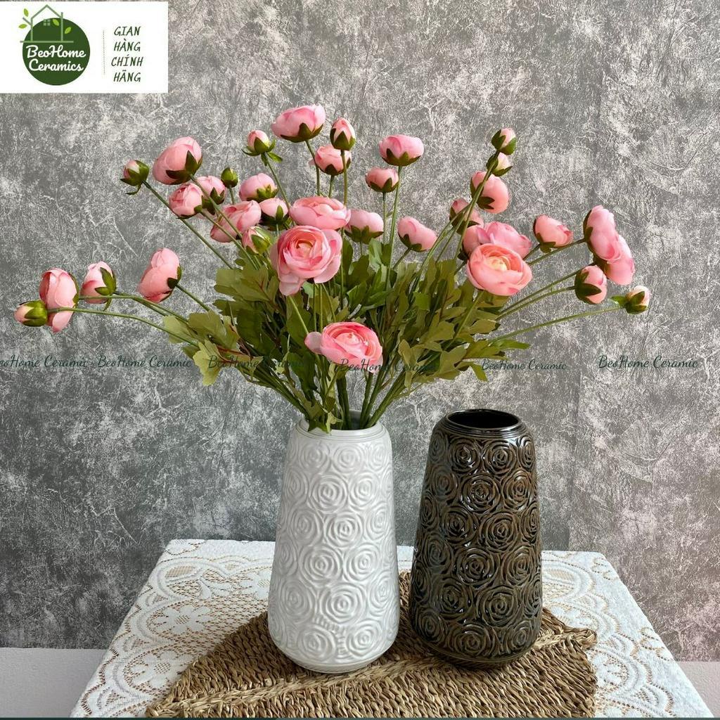 Bình Gốm Khắc Tay Họa Tiết Hoa Hồng Men Mộc Gốm Sứ Bát Tràng Cao 27cm Trang Trí Nội Thất Đẹp