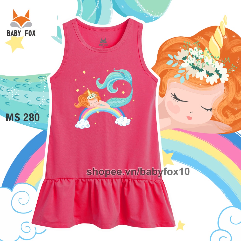 Váy đầm bé gái thun 100% cotton vải tốt, thương hiệu BABY FOX, in nàng tiên cá, size nhỏ, trung, đại c