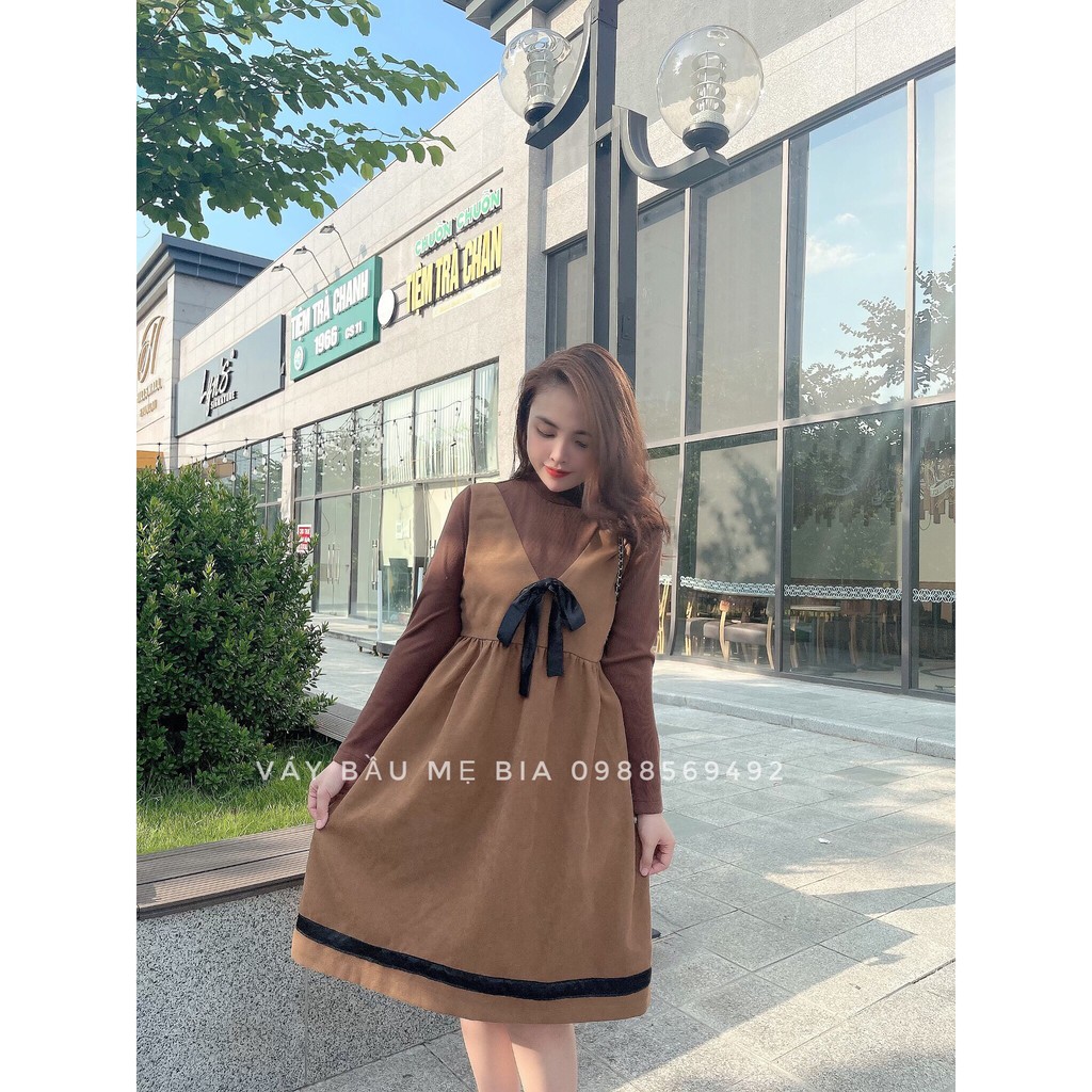 Váy bầu bigsize - Đầm bầu thiết kế GuMe MÀU NÂU BABYDOLL NHUNG TĂM PHỐI LEN TĂM SIZE TỪ 40-100KG MB257