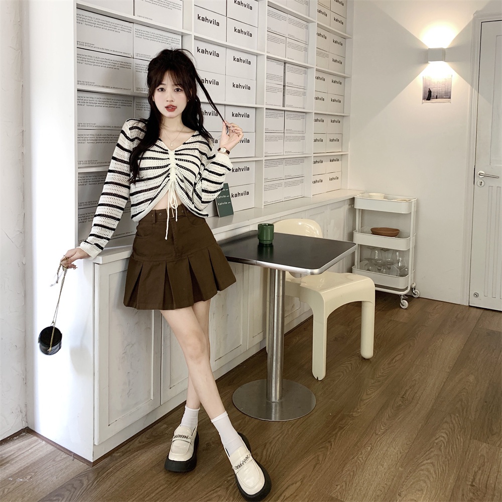 Áo Croptop Dệt Kim Kẻ Sọc Thời Trang Mùa Thu Hàn Quốc Cho Nữ